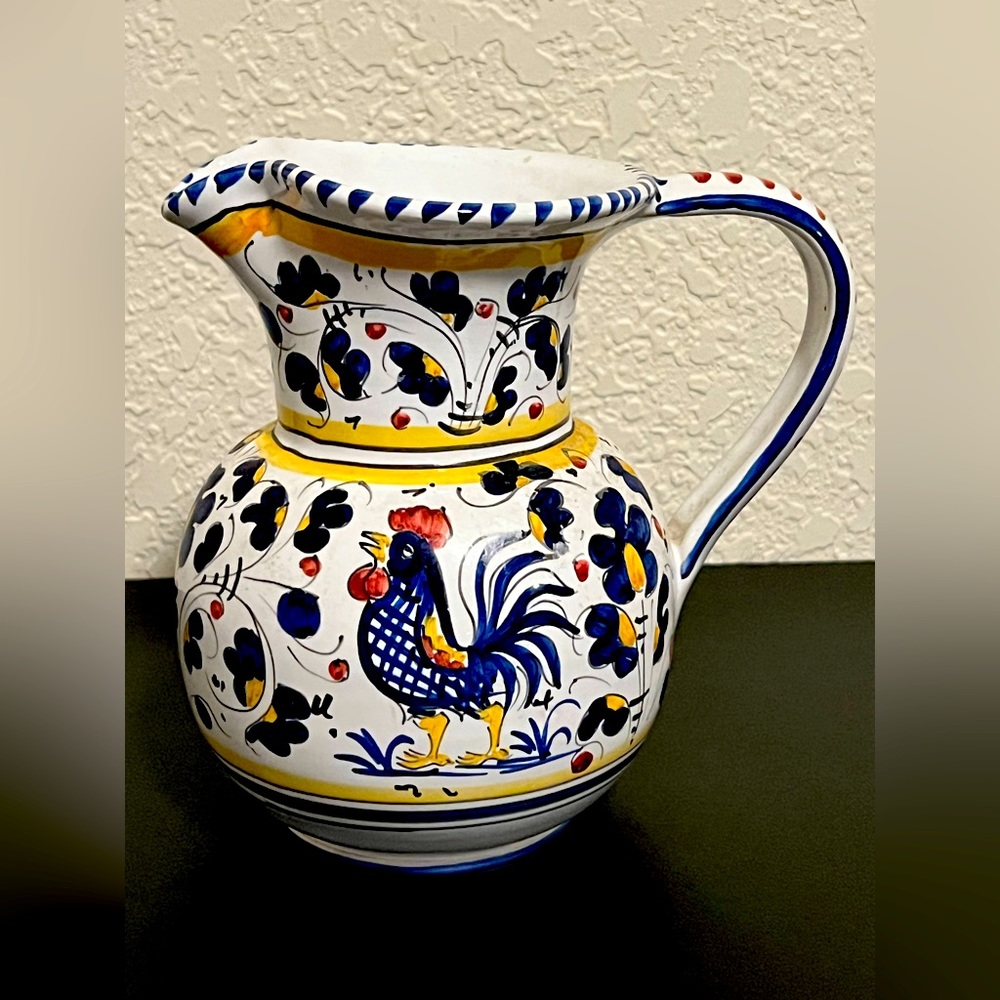 Sorrento Blue Rooster Handpainted In Italy Pitcher.